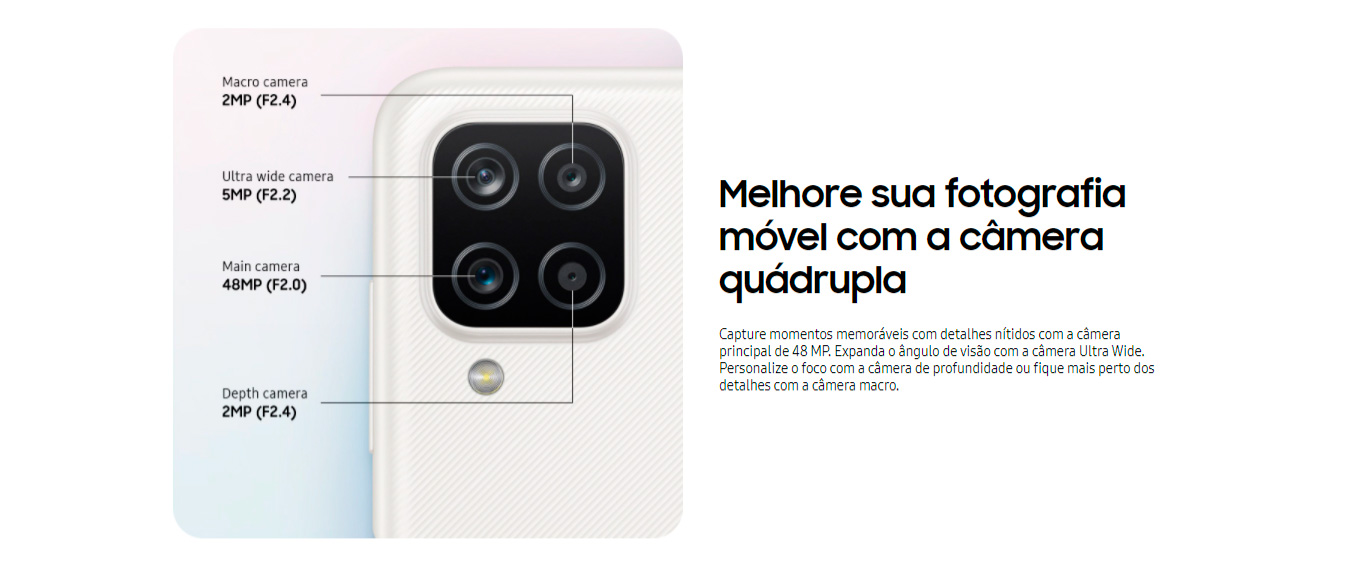 Smartphone Samsung Galaxy A12 64GB 4GB RAM Tela de 6,5 Câmera Quádrupla Traseira 48MP + 5MP + 2MP + 2MP Frontal de 8MP Bateria 5000mAh Preto